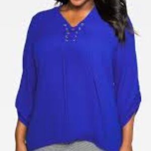 Catherine’s lace up V neck polyester blue tunic blouse 3/4 flutter sleeves EUC